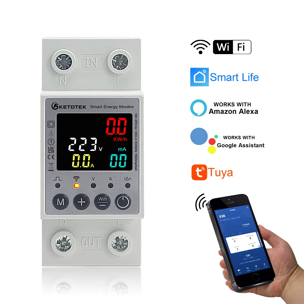 

Din Rail Single Phase 63A WIFI Smart Energy Meter Power Consumption Color Screen Monitor Remote Timing Voice APP Control 220V