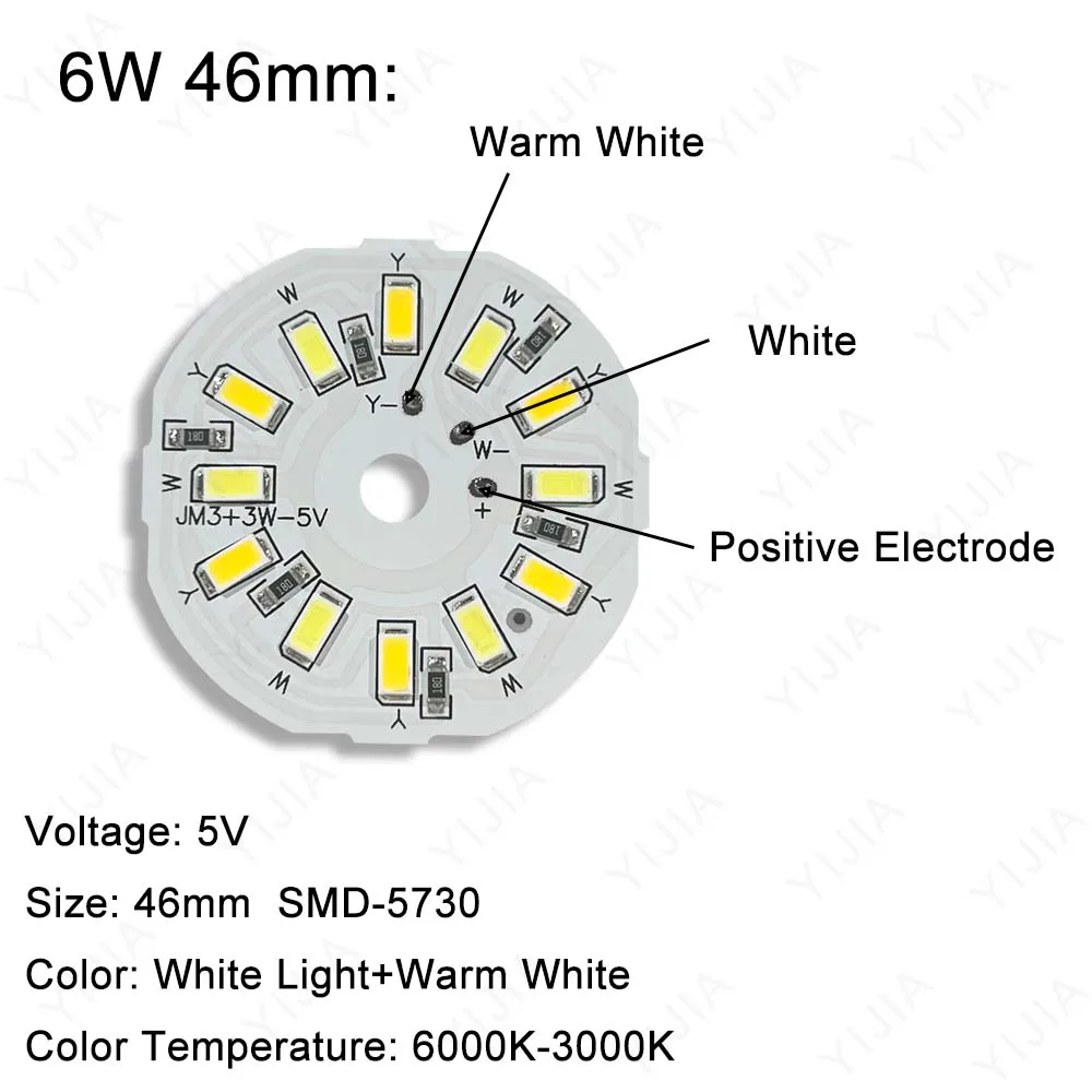 Imagem -04 - Led Smd5730 2835 Chip 3w 6w 10w 5v Branco Quente Lâmpada de Duas Cores Placa de Fonte de Luz Adequada para Holofotes Faça Você Mesmo Downlight 10