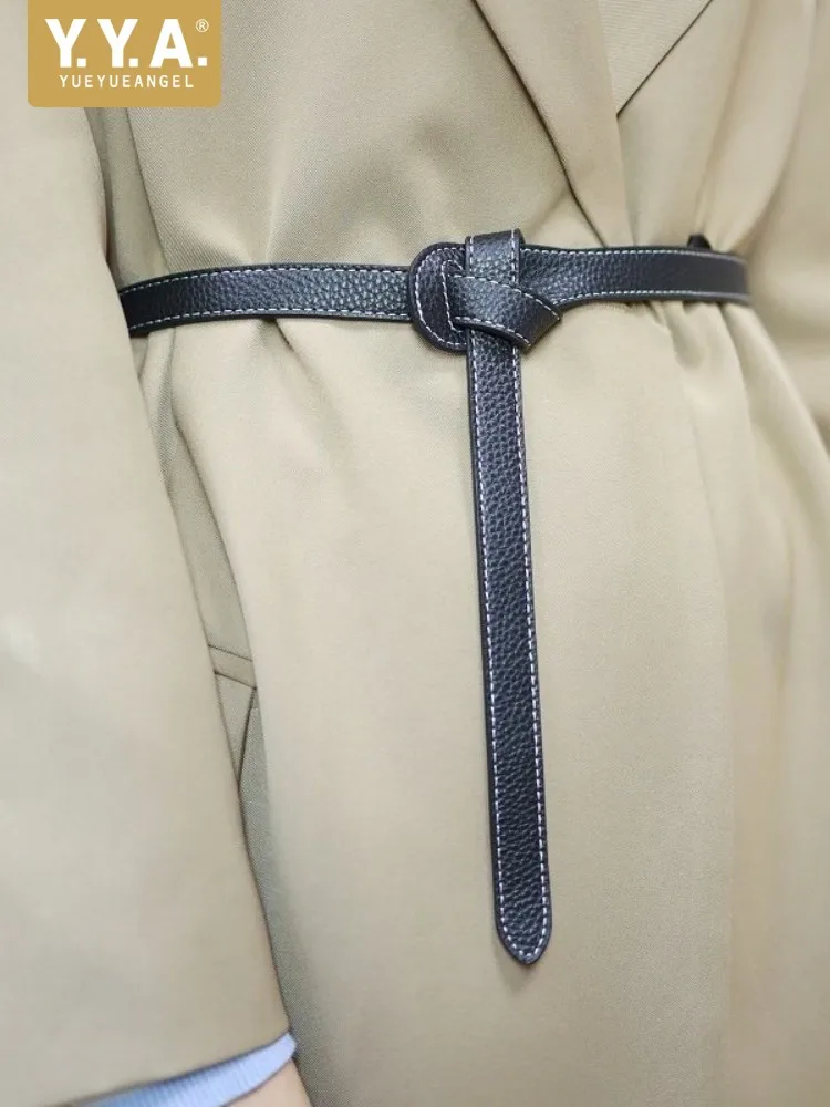 Office Ladies Elegant Genuine Leather Knot Waistband For Jacket Solid Color Versatile Accessories Women Soft Cowhide Belt New