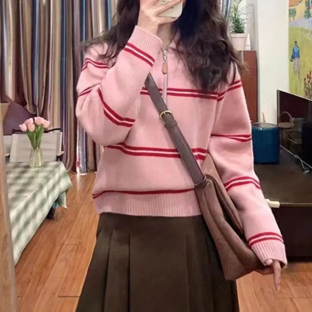 

Leisure Long Sleeve Knit Stripe Hoodie Autumn Loose Crochet Knitwear Casual Sweater Sweet Girl's Pullover Spring/Winter