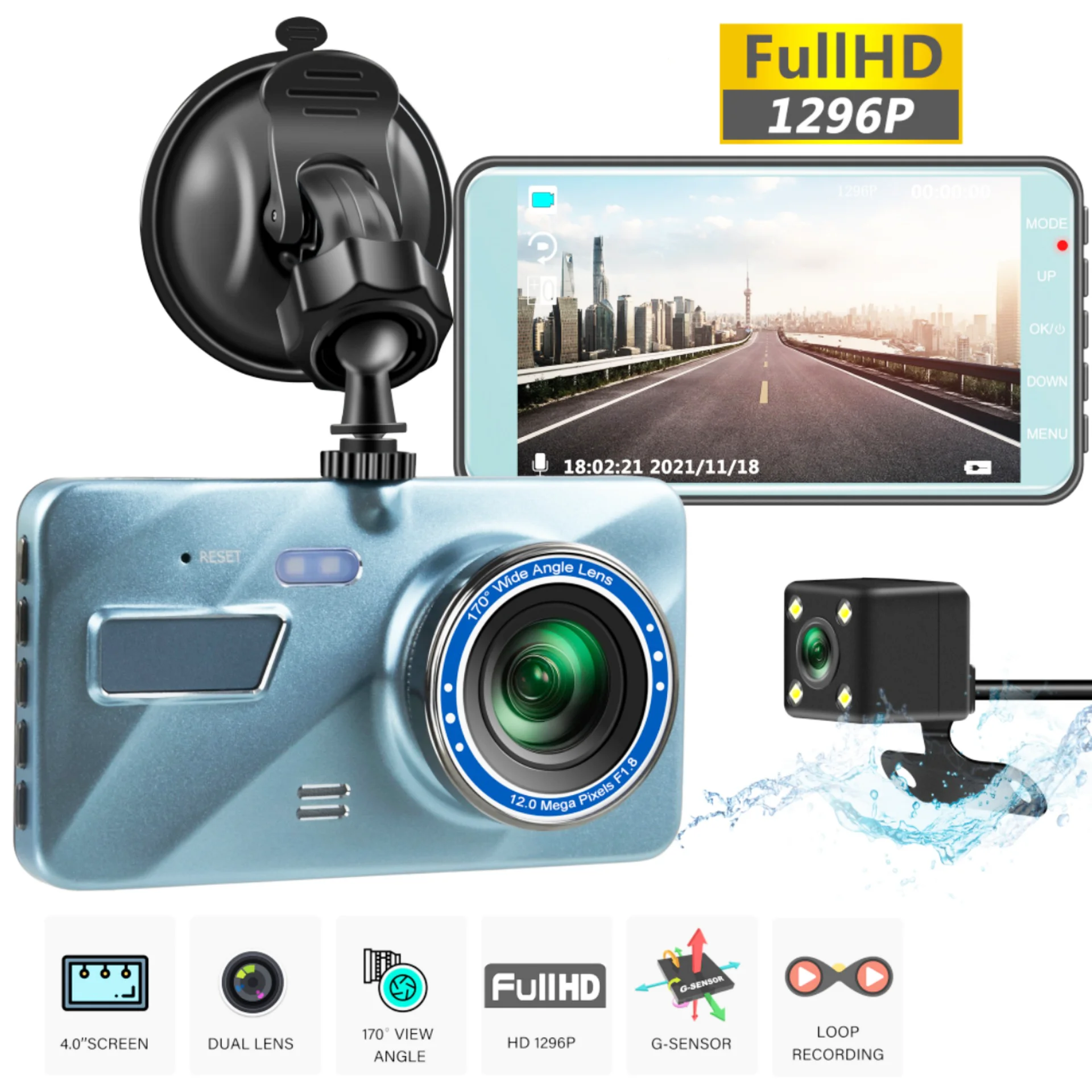 

24H Dash Cam Black Box in Car DVR Camera Video Recorder Rear View Dual Lens Full HD 1296P Cycle Recording Video Mirror Recorder