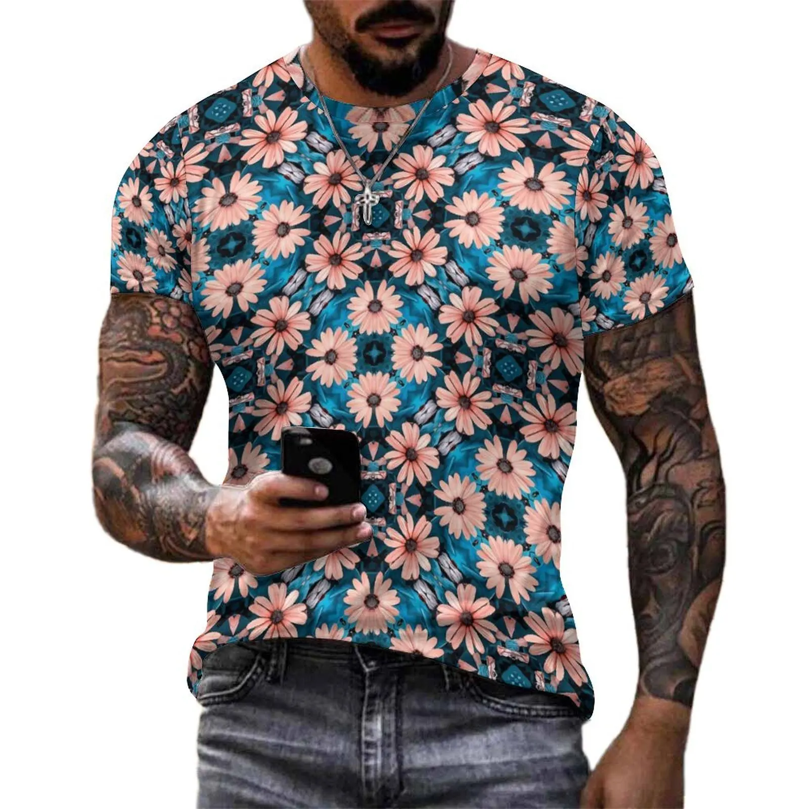Premium T-Shirt Brown Daisy T-Shirts Retro Floral Print Funny Cool Tee Shirt For Man Short Sleeve Pattern Oversize Clothing
