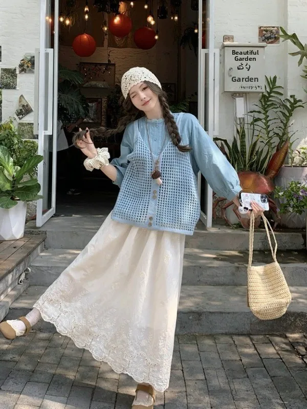 

Комплект для женщин больших размеров: нежная блузка с длинным рукавом и вышитая юбка с высокой талией, корейская версия, свободный крой, на пуговицах