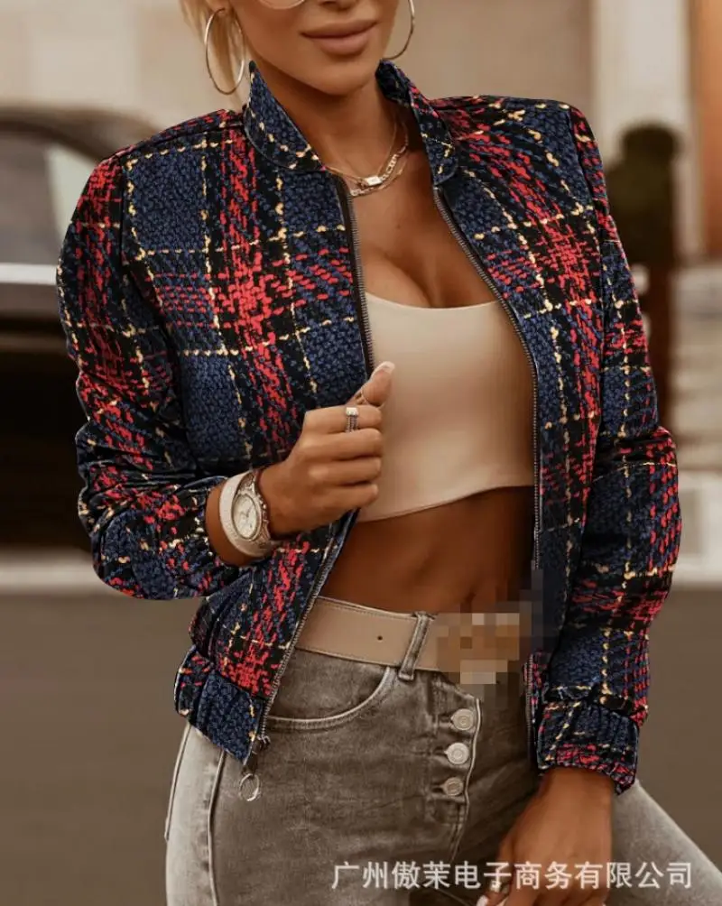 

Elegant Autumn Women's Fashion Jacket 2024 Casual Checkered Printed Jacket College Style Round Neck Zipper Women's Short Jacket