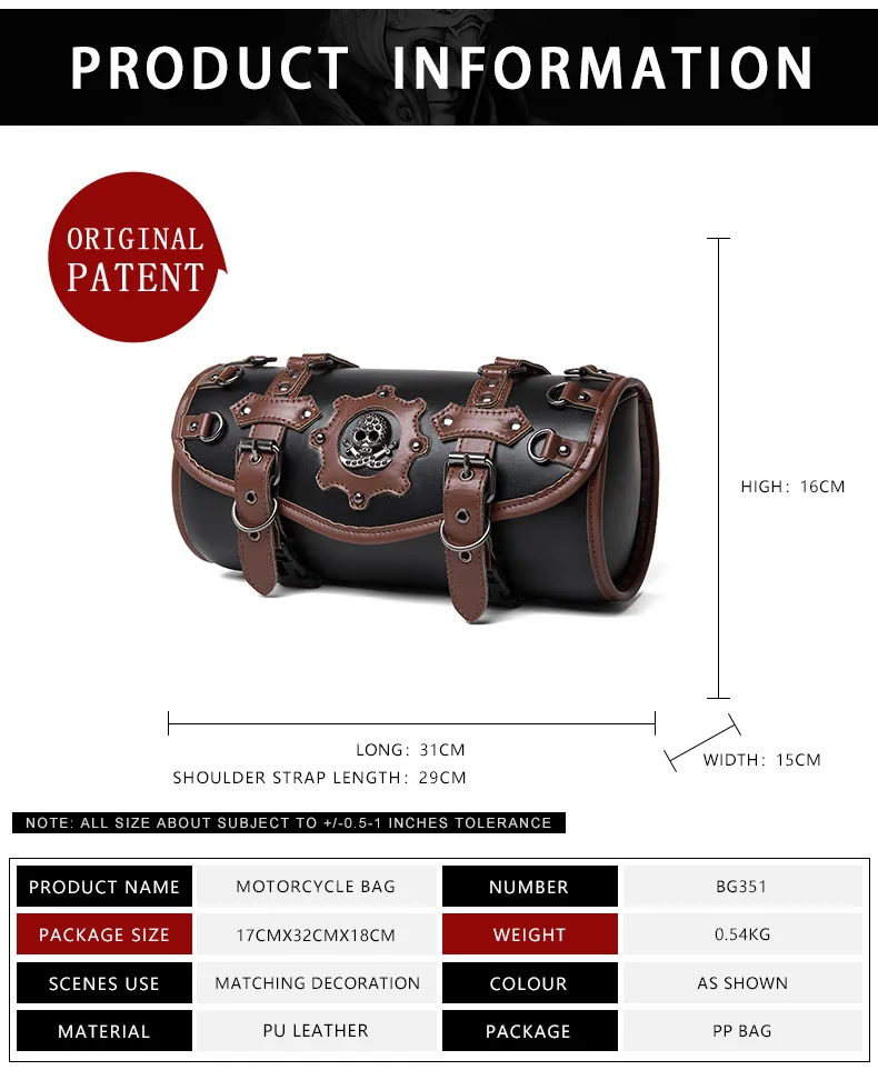 Vintage Totenkopf Motorrad Gabeltasche PU-Leder Vordergabel-Werkzeugtasche Universelle Lenker-Satteltasche für Harley Yamaha Suzuki Cruiser – Detail 1