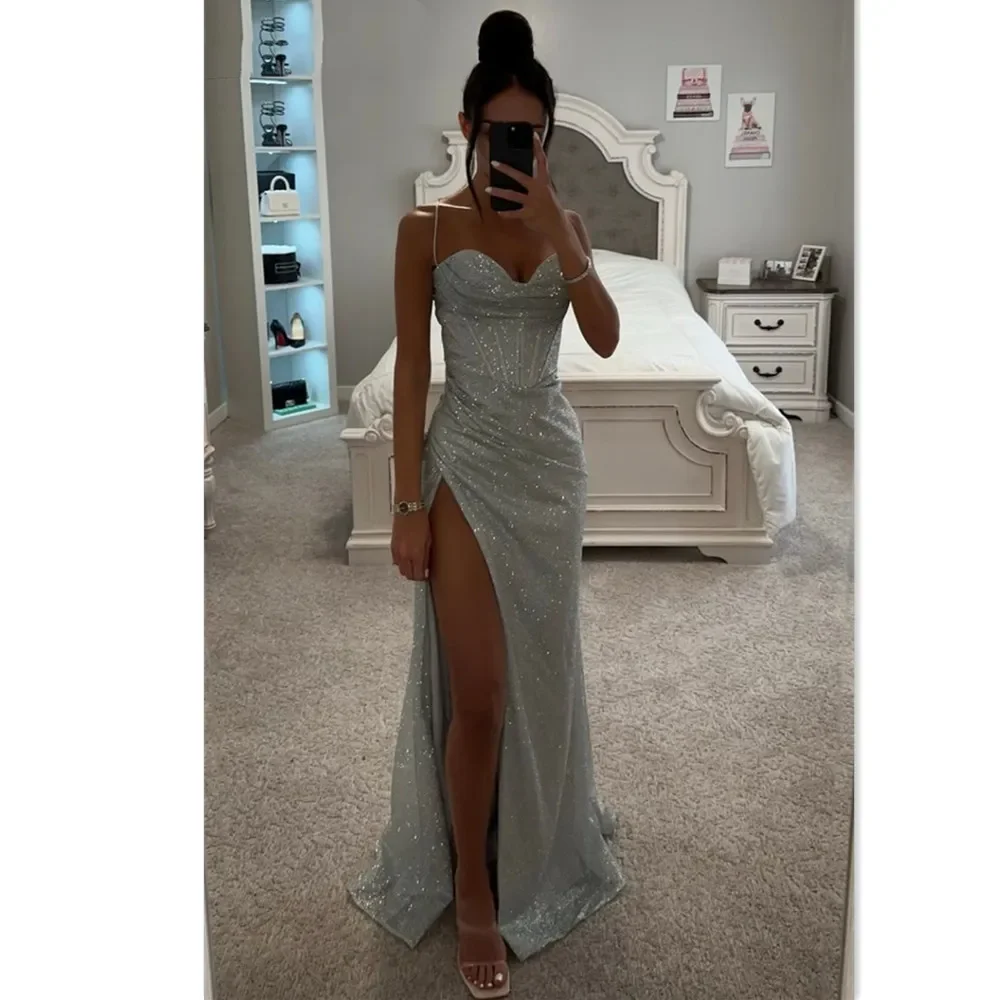 

Flavinke Sexy Side Split Fishtail Vestido De Novia Spaghetti Strap Prom Gown Shiny Mermaid Prom Dress Flashing فستان سهرة