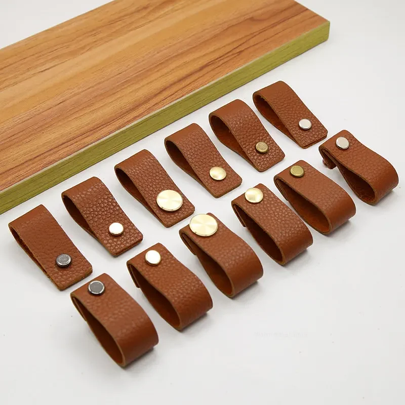 brass brown Cowhide Handle Nordic Modern Style Furniture Drawer Child Door Knobs Cupboard Kitchen Shoe Cabinet Leather Pulls