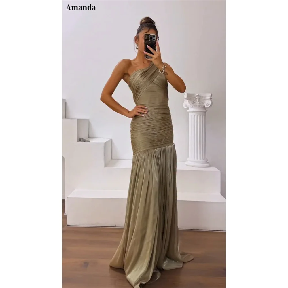Amanda Customized One‑shoulder Sleeveless Floor‑length Evening gowns Prom dress Pleated Chiffon Flowy Elegant Women's dresses