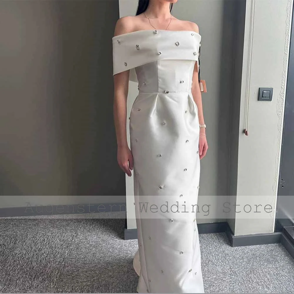 Traditional Wedding Dresses Satin Sheath/Column Engagement Dress White Off-the-shoulder RhinestonesWomen's Wedding Dress Long