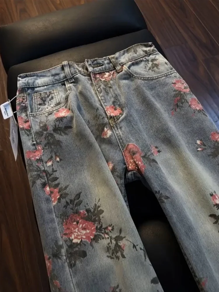 Rose Print Floral Men's Jeans Straight Leg Trendy Brand Cool Street Design Couple's Bent Knife Pants mid Waist Button Closure