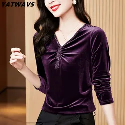 High-End Women's Solid V-Neck Luxury Beading Pullover T-shirt Long Sleeve 2024 New Slim Vintage Velvet Tops Female Tassels Tees