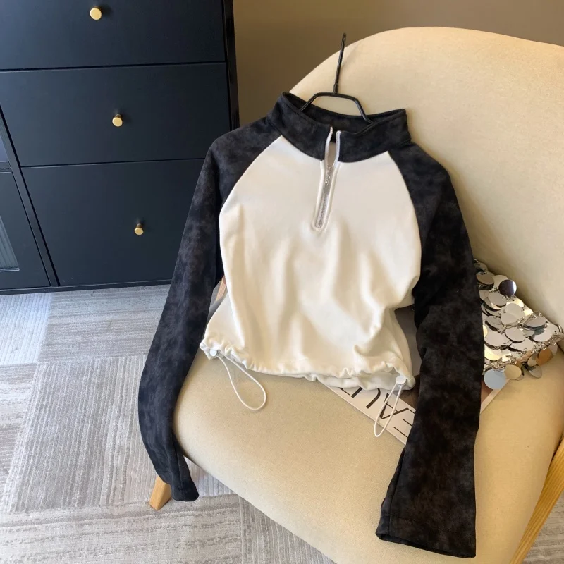 

Oversized Zipper Pullovers Women Fashion Design Patchwork Tops Casual Loose Drawstring Sweatshirts Y2k Autumn Winter F270