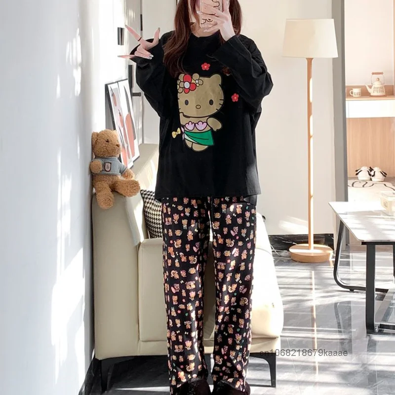 Sanrio Hello Kitty Cute Printed Long Sleeved Sleepwear Women\'s Spring Autumn Home Wear Japanese Style Fashion Casual Pajamas Set