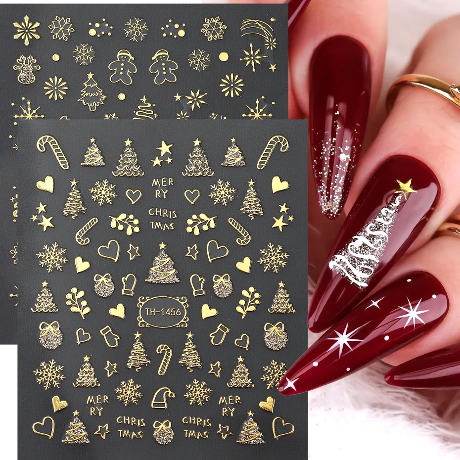 2pcs Gold Christmas Cartoon Nail Art Stickers Decal Snowflake Snow Globe Candy Cane Snowman Heart Star Nail Sliders Decorations