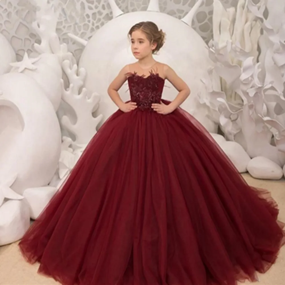 Burgundy Trail Round Neck Applique Flower Girl Dress First Wedding Elegant Flower Child Party Dinner Communion Dress