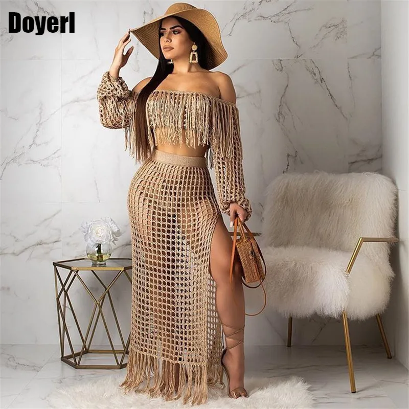 Fringed Tassel Summer Beach Dress Women Sexy Off Shoulder Maxi Dress Long Sleeve Boho Knit Crochet Hollow Out Party Long Dress