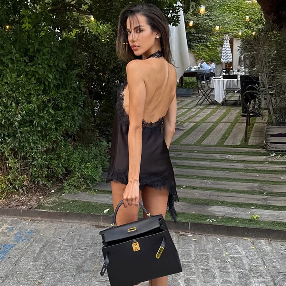 Tuularose Black Lace Vest Fashion Sexy Sleeveless Neck Backless Lace Patchwork Top High Street Party Looks Women's Lace Tank Top