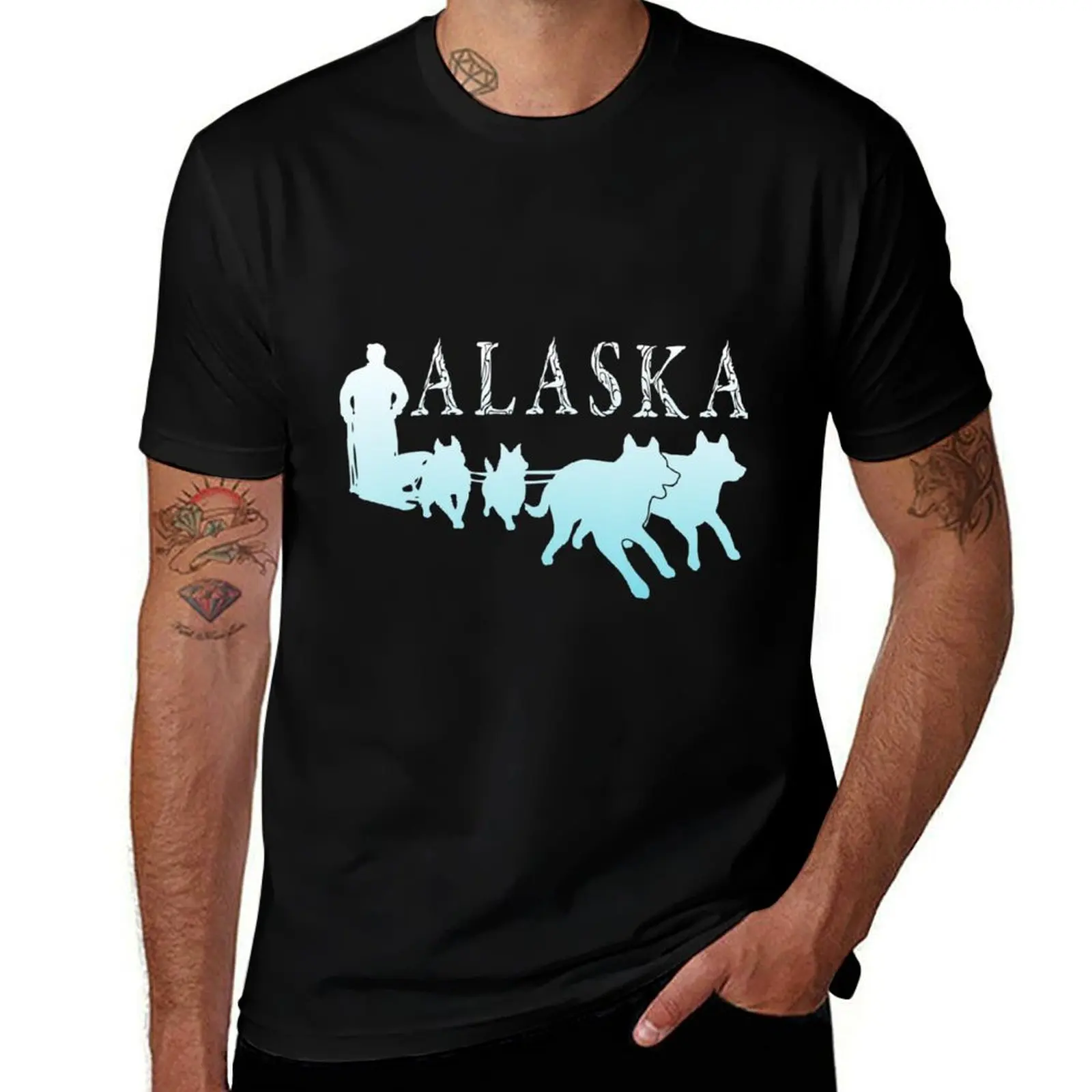 Alaska Sled Dogs Mushing Team Snow Sledding Mountain Scene \t \t T-Shirt Graphic Print Short Sleeve T-Shirt