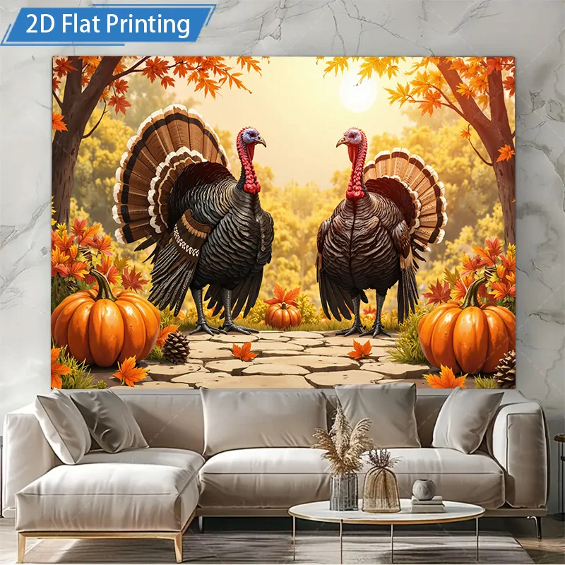 [2D FLAT] 1pc 4x16inch Metal Sign Fall Turkey Scene Metal Wall Art 2D Printed Autumn Pumpkin Forest Decor for Home