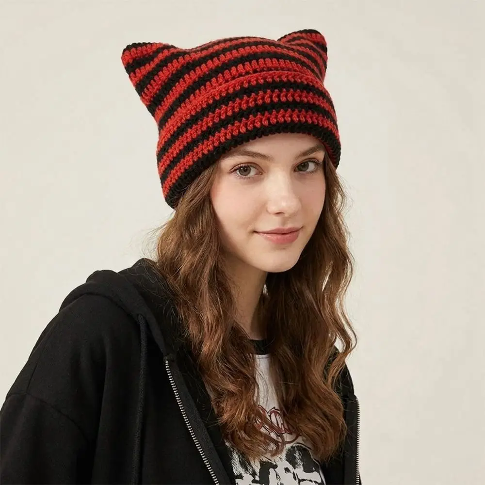 Soft Y2K Cat Ears Beanie Hats Warm Cute Little Devil Cap Ear Protection Wool Stripe Knitted Hat Outdoor