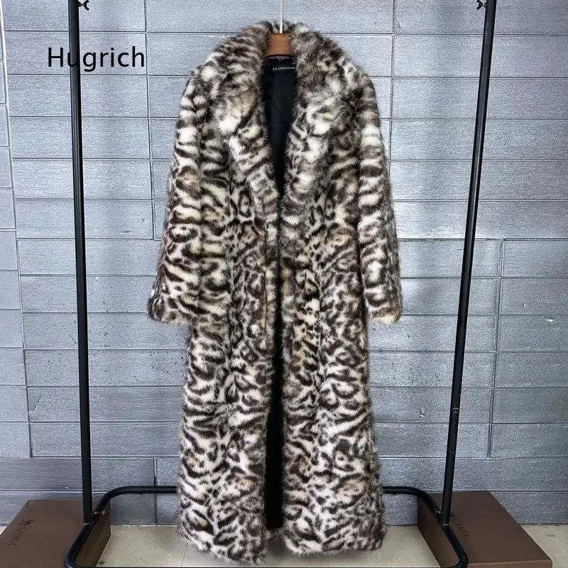 Women Thick Leopard Print Faux Fox Fur Coat Long Length Lapel Collar Faux Fur Overcoat Warm Outer Garment For Winter Daily Wear