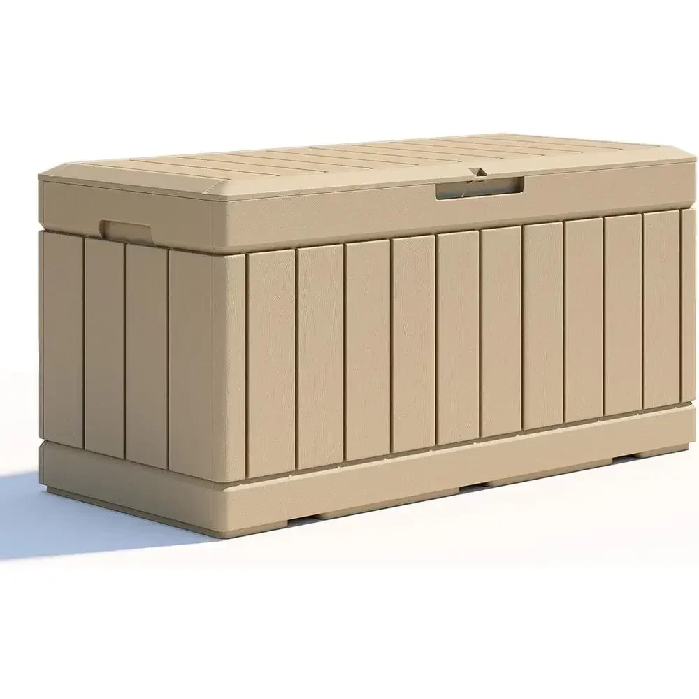 85 Gallon Resin Deck Box, Weatherproof Outdoor Storage for Garden Tools and Pool Supplies, Lockable, Light Brown