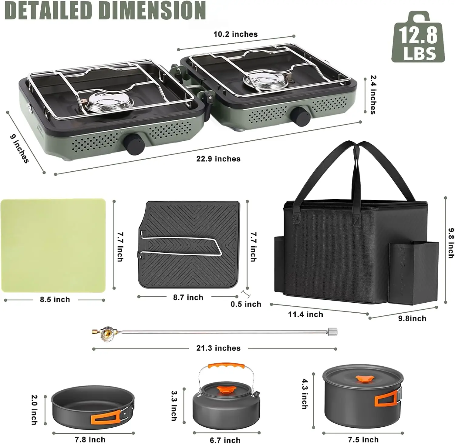 Foldable Propane Camping Stove with 2 Burners and Cookware