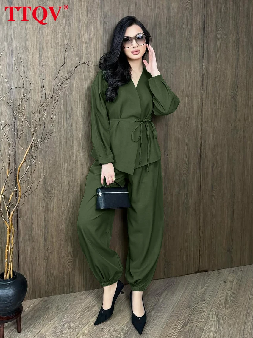 

TTQV Fashion Loose Green Sets Woman 2 Pieces 2026 Elegant Long Sleeve Robes With High Waist Pencil Pants Set Female Clothing