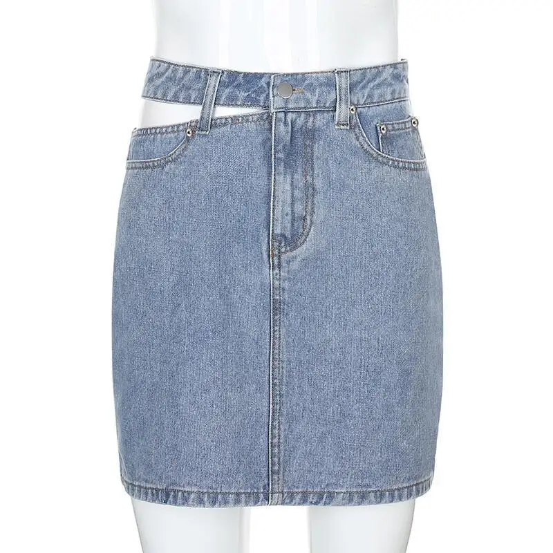 Kozoca Chic Single Side Hollowed Out Denim Skirt High Waist Slim Fit Casual Buttocks Wrapped Blue Short Skirts for Women