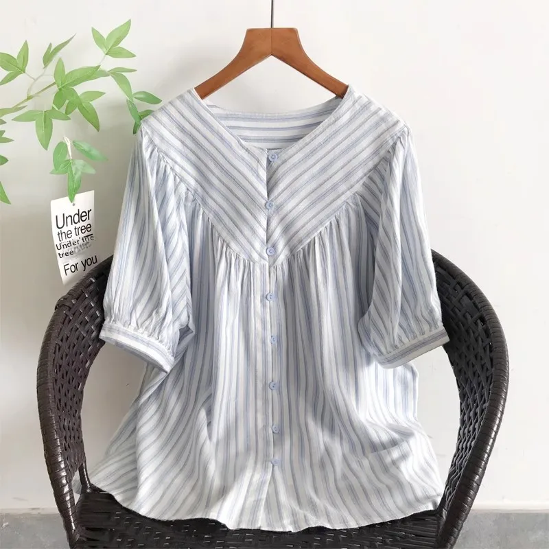 

plus Size Women's Shirt Loose Short Sleeve V-Neck Striped Outerwear Comfortable Breathable Fashionable Summer New Arrival