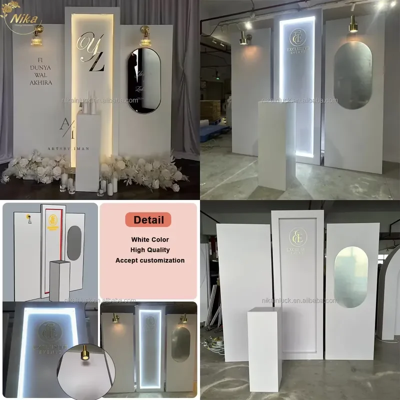 NIKA custom white PVC acrylic background board with LED lights wedding welcome card rack for party supplies stage decoration