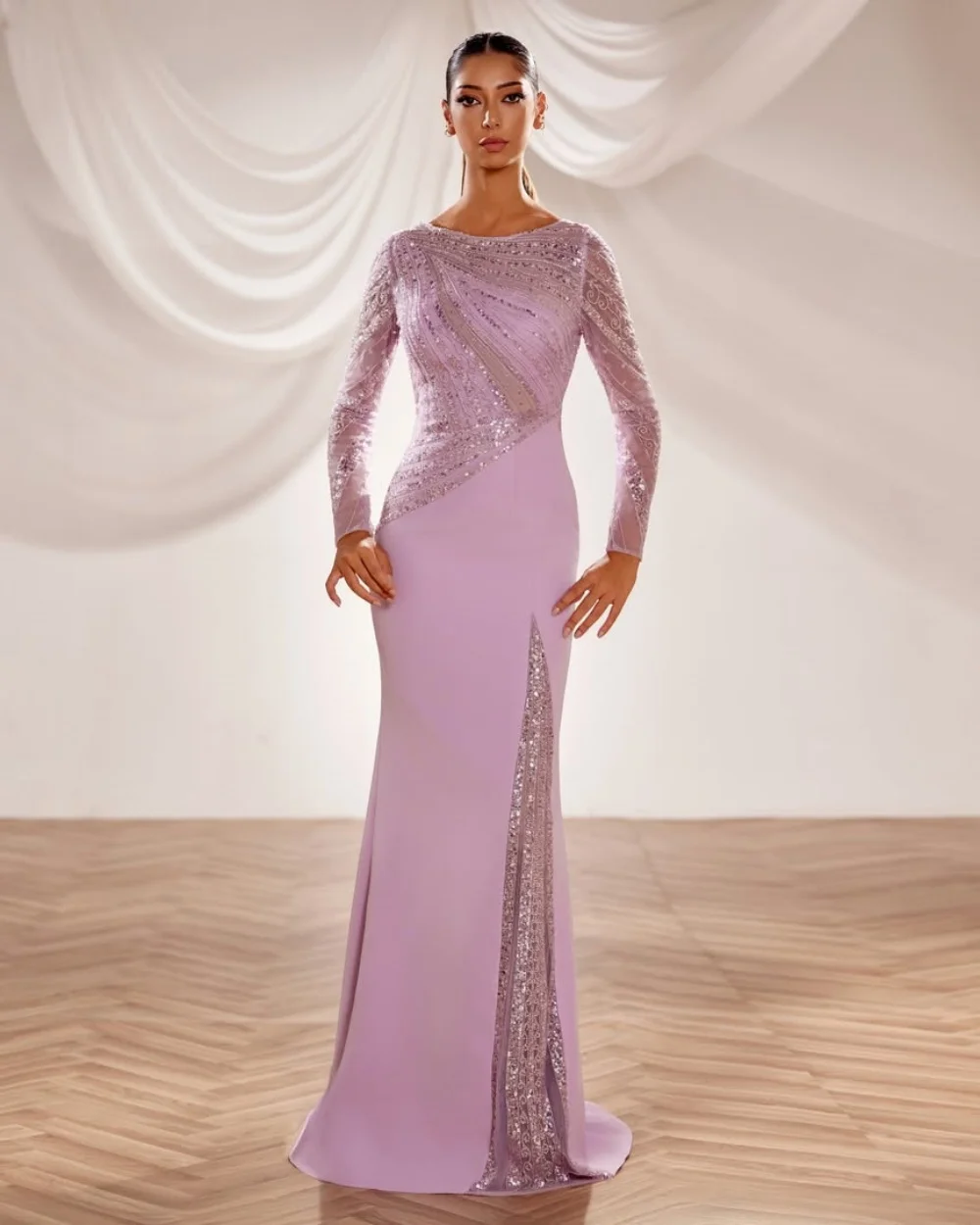 

Customized Sparkle Formal Jersey Sequined Ruched Mermaid Evening Dresses Classic O-Neck Long Sleeves Floor Lenght Prom Dresses