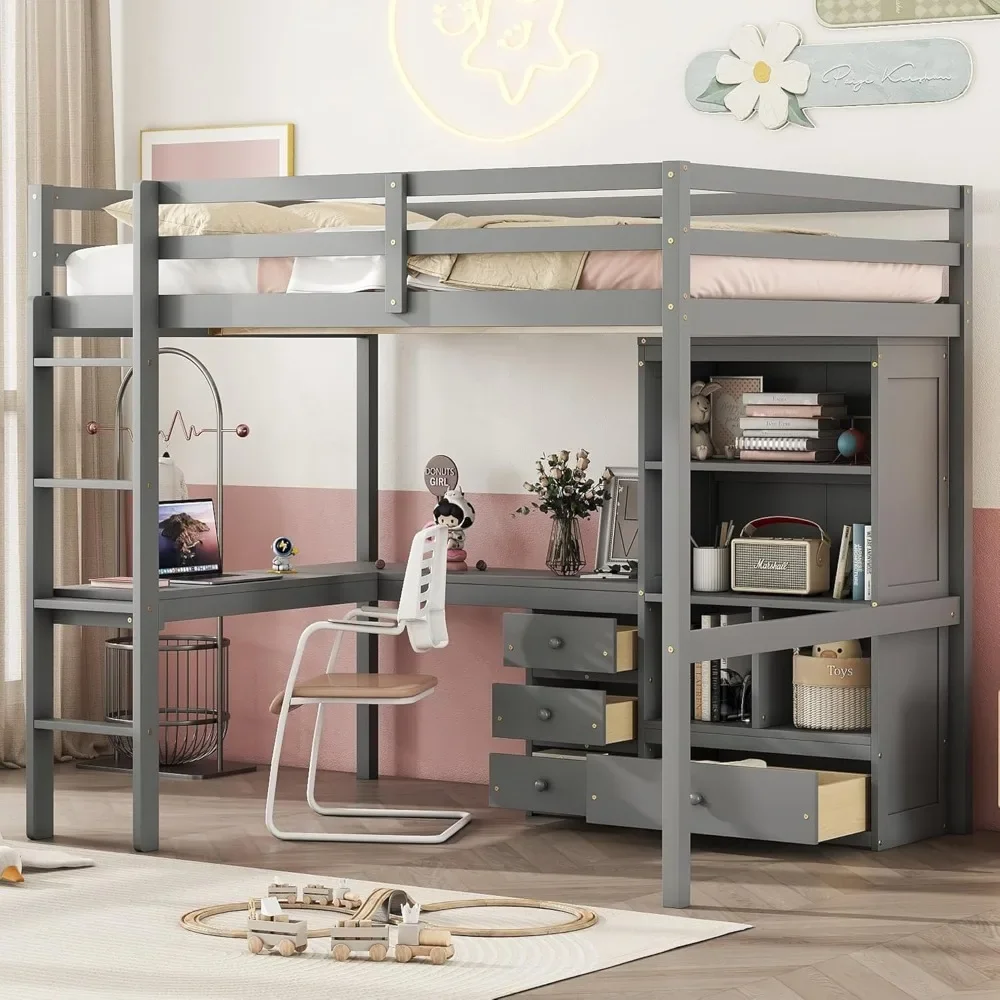 Twin Loft Bed. Full Loft Bed with Desk and Storage, Solid Wood Loft Bed with 4 Storage Drawers & 3 Shelves, High  Bed Full