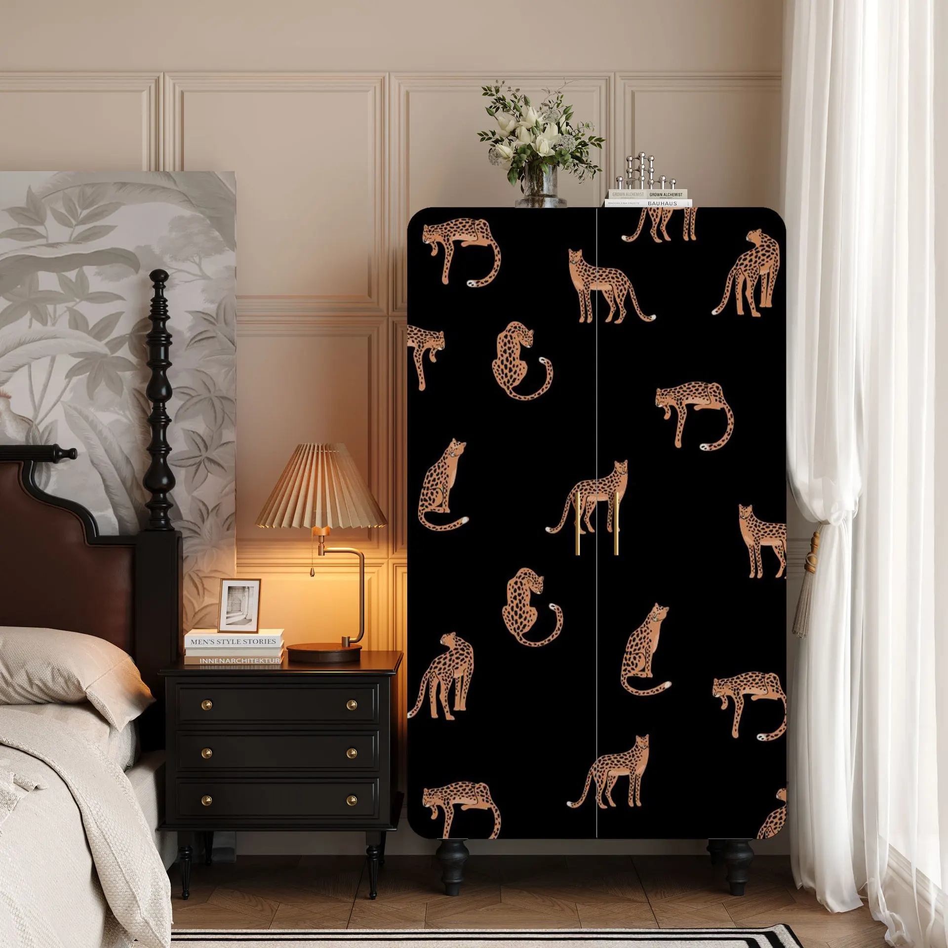 French retro wardrobe cloakroom, large-capacity storage hanging wardrobe, solid wood painted storage storage