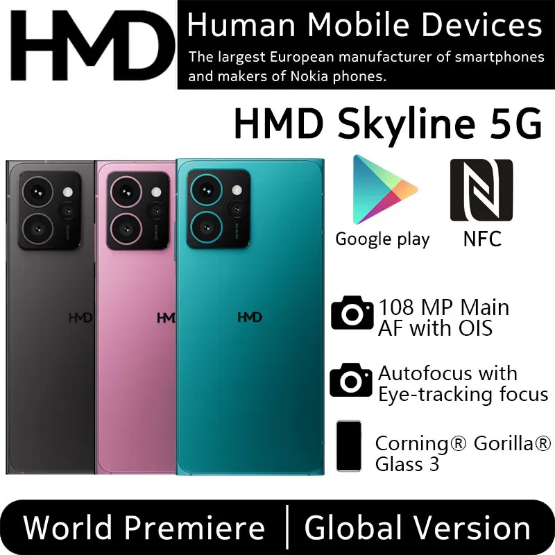 [Estreia mundial] Versão global HMD Skyline 5G Smartphone Snapdragon 7s Gen 2 108MP OIS AF Câmera 4X Zoom 144 Hz Taxa de atualização NFC