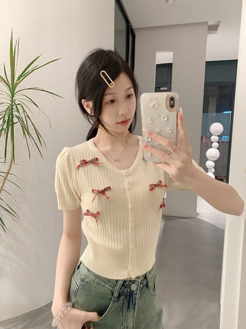 Bow Knitted Top Women Summer Thin Short Sleeve Slim Cropped Top