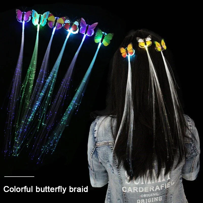 5pcs LED Colorful Glowing Butterfly Light Glitter Fiber Optic Hairband Girl Gift Butterfly Braids Bar Prom Festive Party Decor