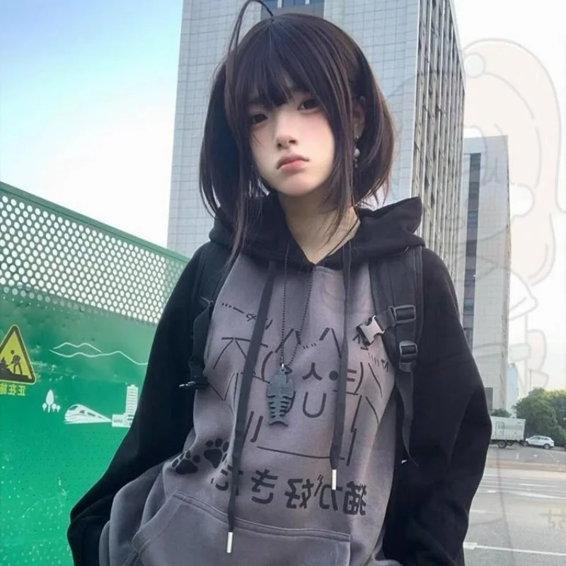 

Sweet Cartoon Print Anime Hoodie Grunge Aesthetics Y2k Women Streetwear Tops Patchwork Hooded Pullover Loose Casual Jacket New