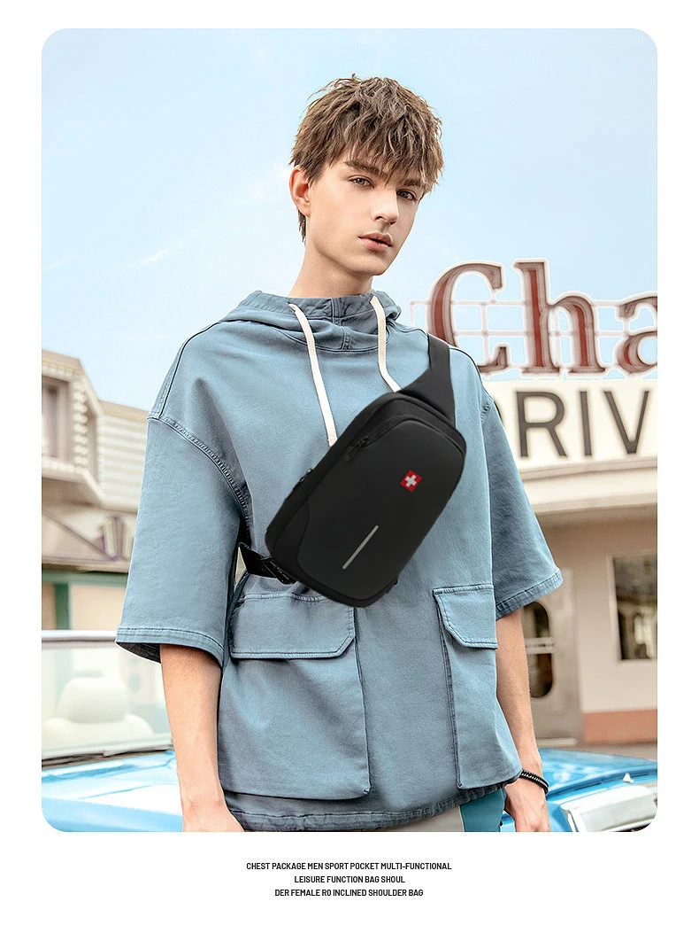 SWISS New Men\'s Casual Chest Bag Sports Waterproof Shoulder Bag Anti-theft Crossbody Bag Fashion Solid Color Usb Bag Sling Pack