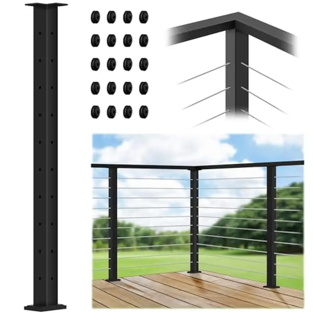 Stainless Steel Corner Post Cable Railing Kit 36" Fixed Top Mount 90° with Cable Grommets Kit Residential Project Solution