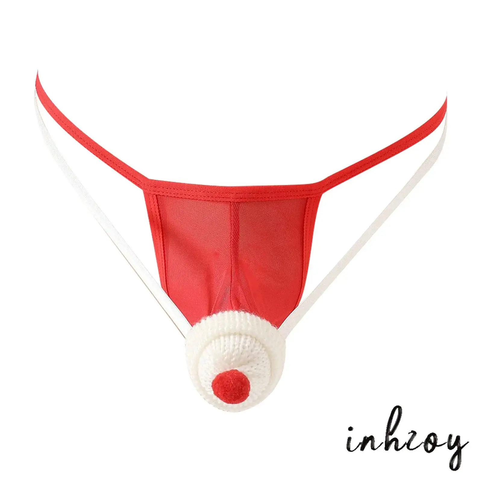 

Mens Christmas T-back Underwear with Mini Hat And Striped Scarf Sheer Mesh Thong Funny Lingerie for Xmas Night