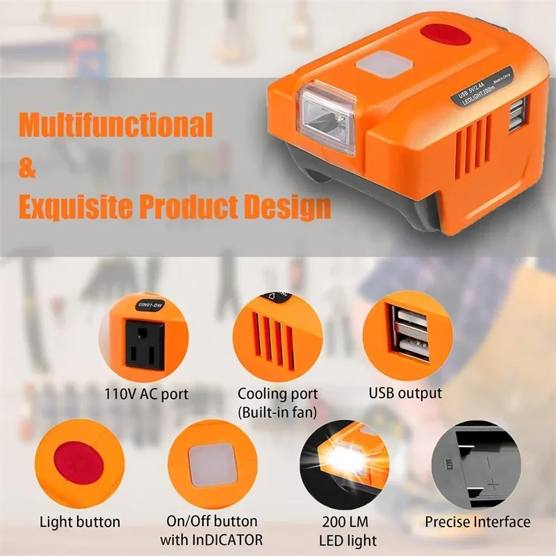 150W Battery Inverter for Dewalt 18V 20V Battery DC 20V To AC 110V/220V Powered Inverter Generator with AC Outlet & LED Light