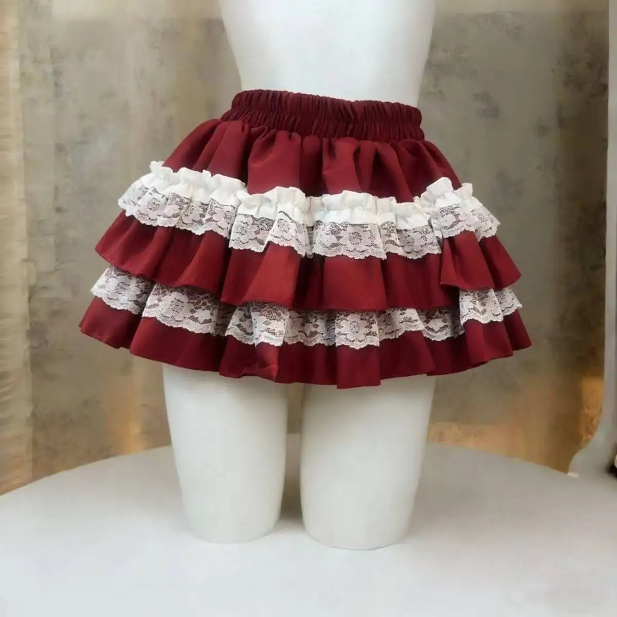 Lolita-Stil Süßer Kuchenrock für Damen Japanischer Süßer Y2K Spitzen-Rüschenrock mit Hoher Taille Mini-Rock Harajuku Prinzessinnen-Party-Röcke