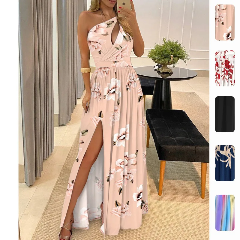 Sexy One Shoulder Evening Dress Sleeveless High Waist Split Party Dresses Spring Summer Women Fashion Elegant Clubwear