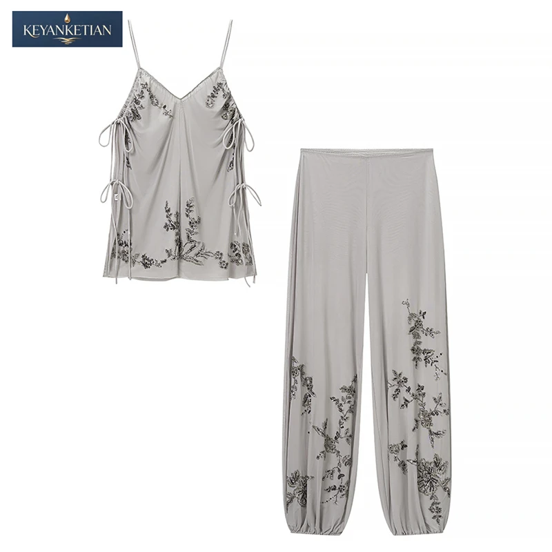KEYANKETIAN 2026 Summer Beach Vacation Sheer Mesh Two Piece Outfit Floral Embroidery Side Tie Cami Elastic Hem Wide Leg Pants