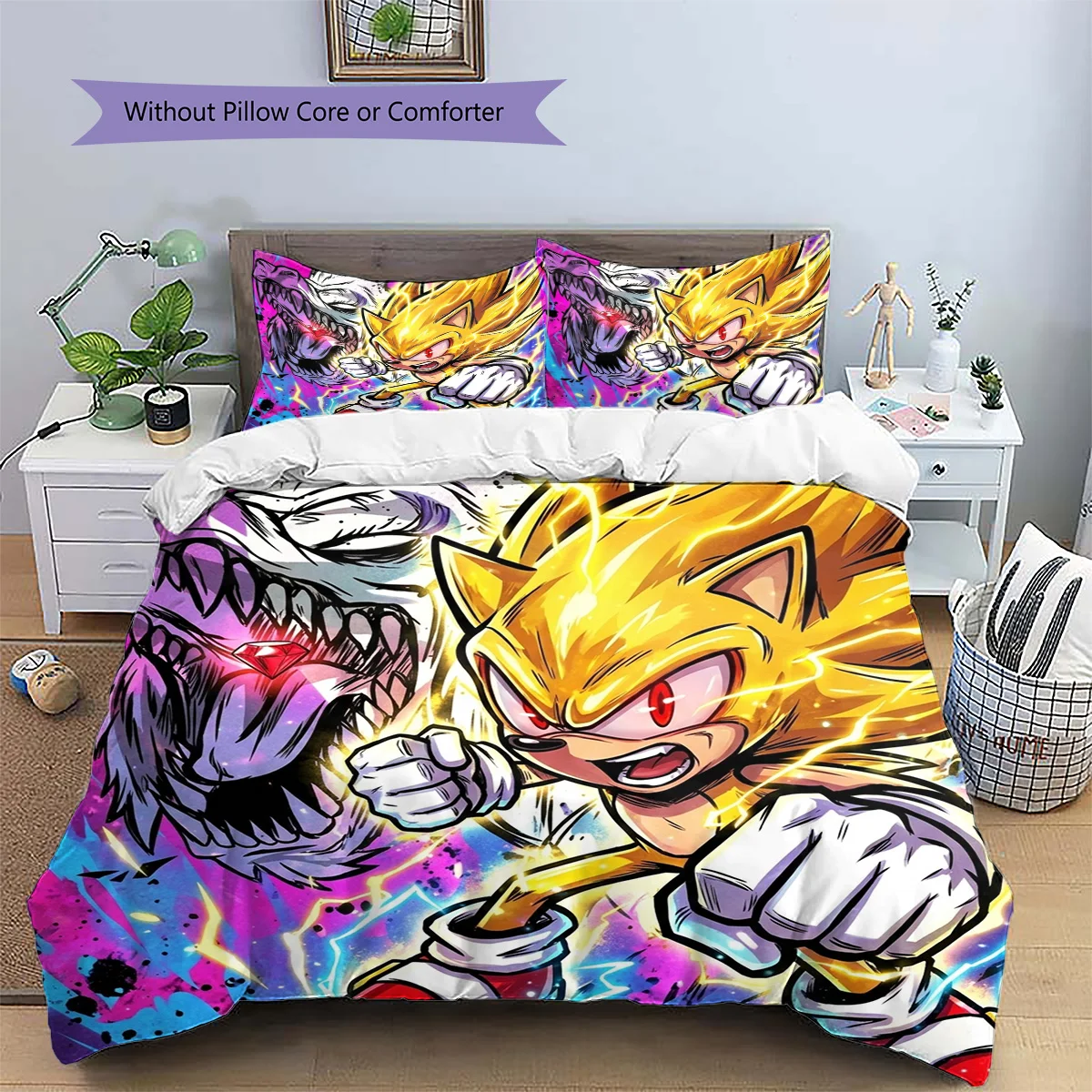 Hedgehog Sonic Patterned Pillowcase & Duvet Cover Set Anime Fantasy Bedding Bedroom Decoration Perfect Lover Gift.-TING