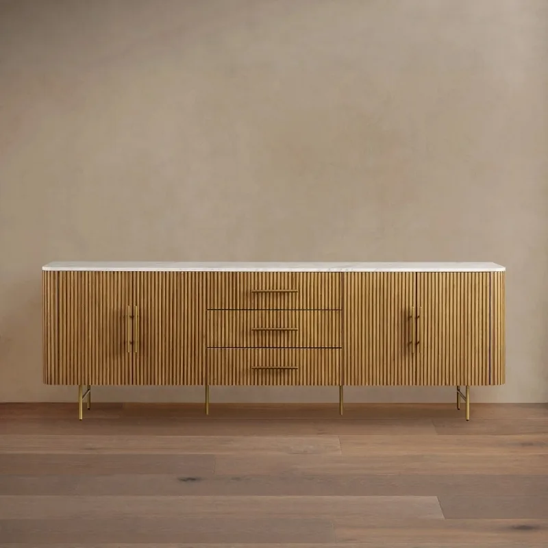 Magnificent Modern American Oak Sideboard Cabinet, 4-Door 3-Drawer Buffet Credenza, Luxury Carrara Marble Top Heritage Hardwood
