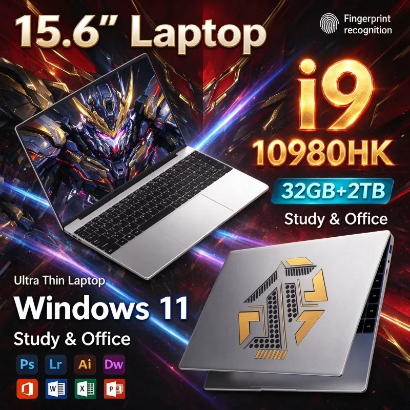 15.6'' Laptop Computer Ultra Thin Notebook Intel I9 10980HK 32GB RAM 1TB 2TB SSD FHD Windows11 For Office Student Daily Gaming