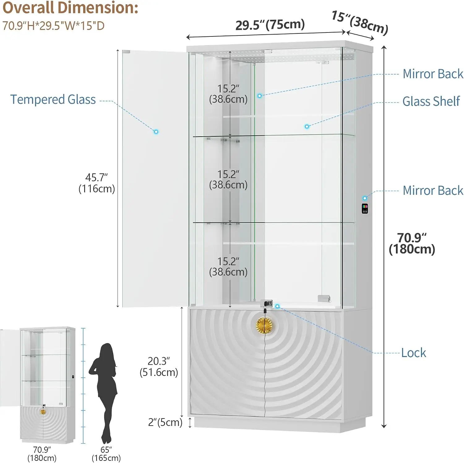 71'' Display Cabinet with Glass Doors,4-Tier Curio Cabinet with 3-Color Lights for Collectibles,Lockable Glass Display Case Huma