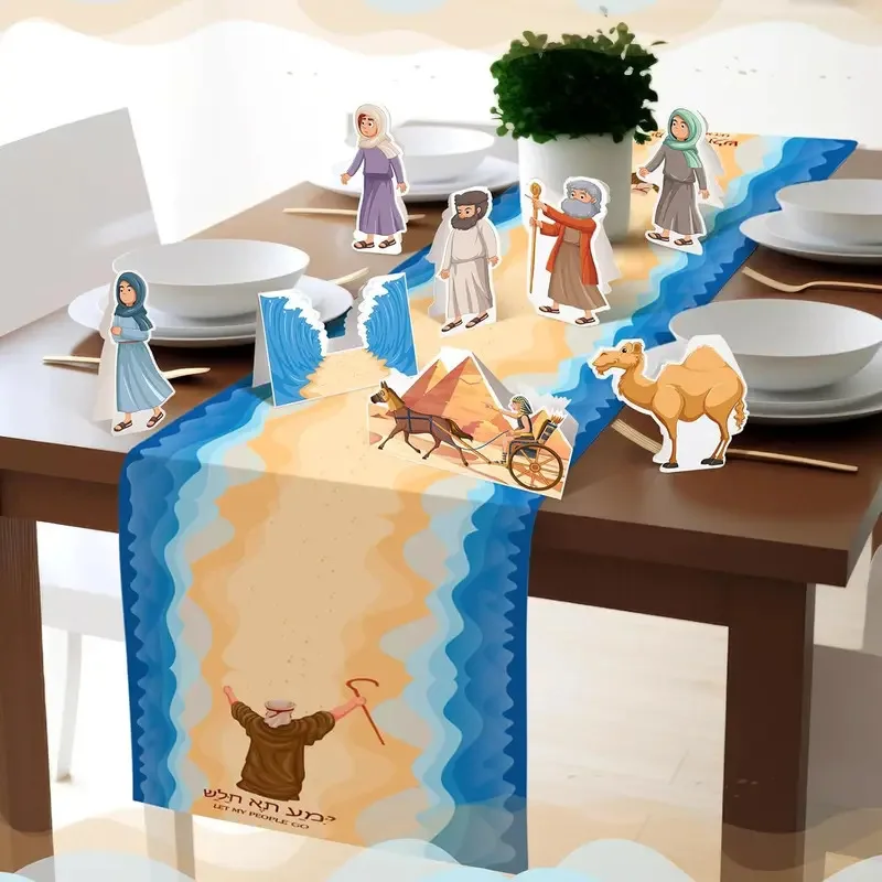 VIKAMA Happy Passover Leinen-Tischdecke Jüdischer Feiertagstischläufer Esstisch-Dekoration Familientreffen